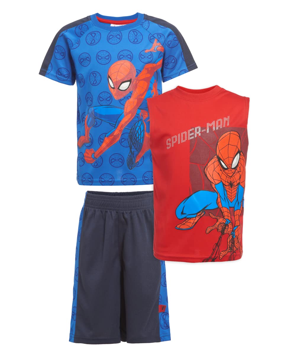 Marvel Avengers Spider-Man Black Panther Miles Morales Boys Superhero Short Sleeve T-Shirt, Tank Top and Mesh Shorts Set